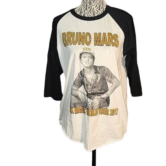 Bruno Mars XXIV Magic World Tour 2017 Raglan Baseball Tee‎ Shirt L White Black - Picture 1 of 5